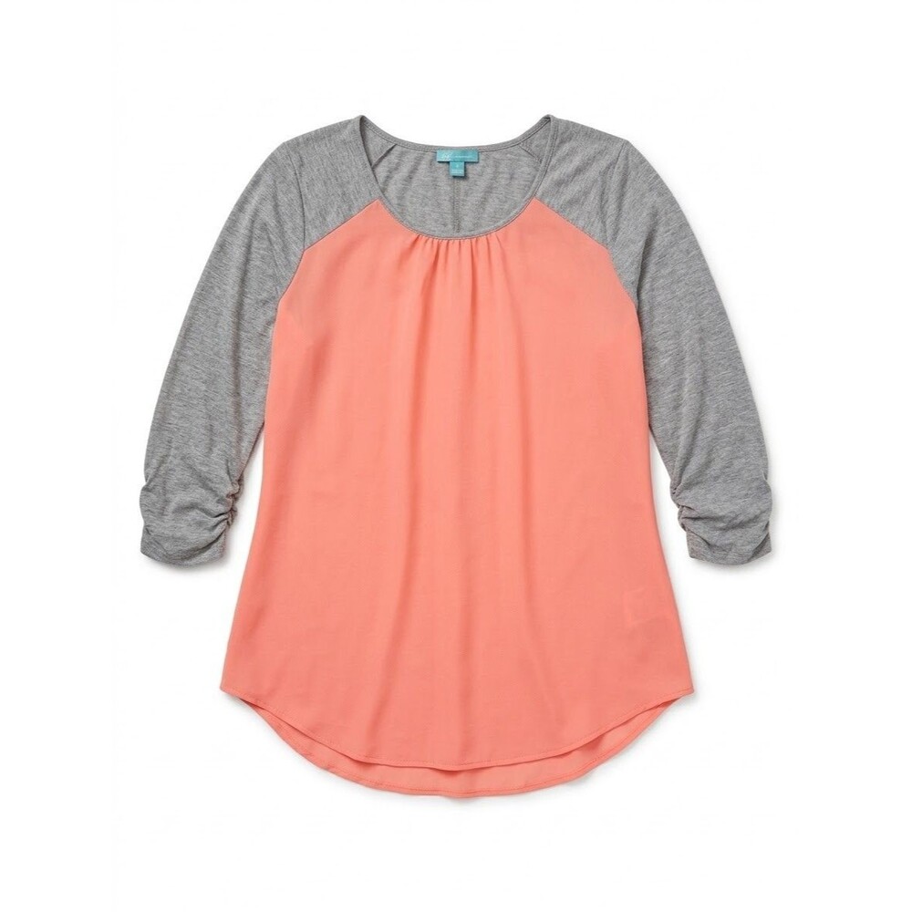 Maurices Womens Coral Pink Grey Colorblock Raglan 3/4 Ruched Sleeve Top